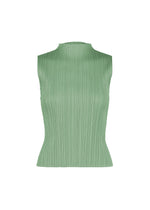 MONTHLY COLORS : AUGUST by PLEATS PLEASE ISSEY MIYAKE—a sleeveless, light green pleated high-neck top with straight fold lines, displayed against a plain white background. Perfect for effortless midsummer wear. - GRAYISH GREEN （no.61）