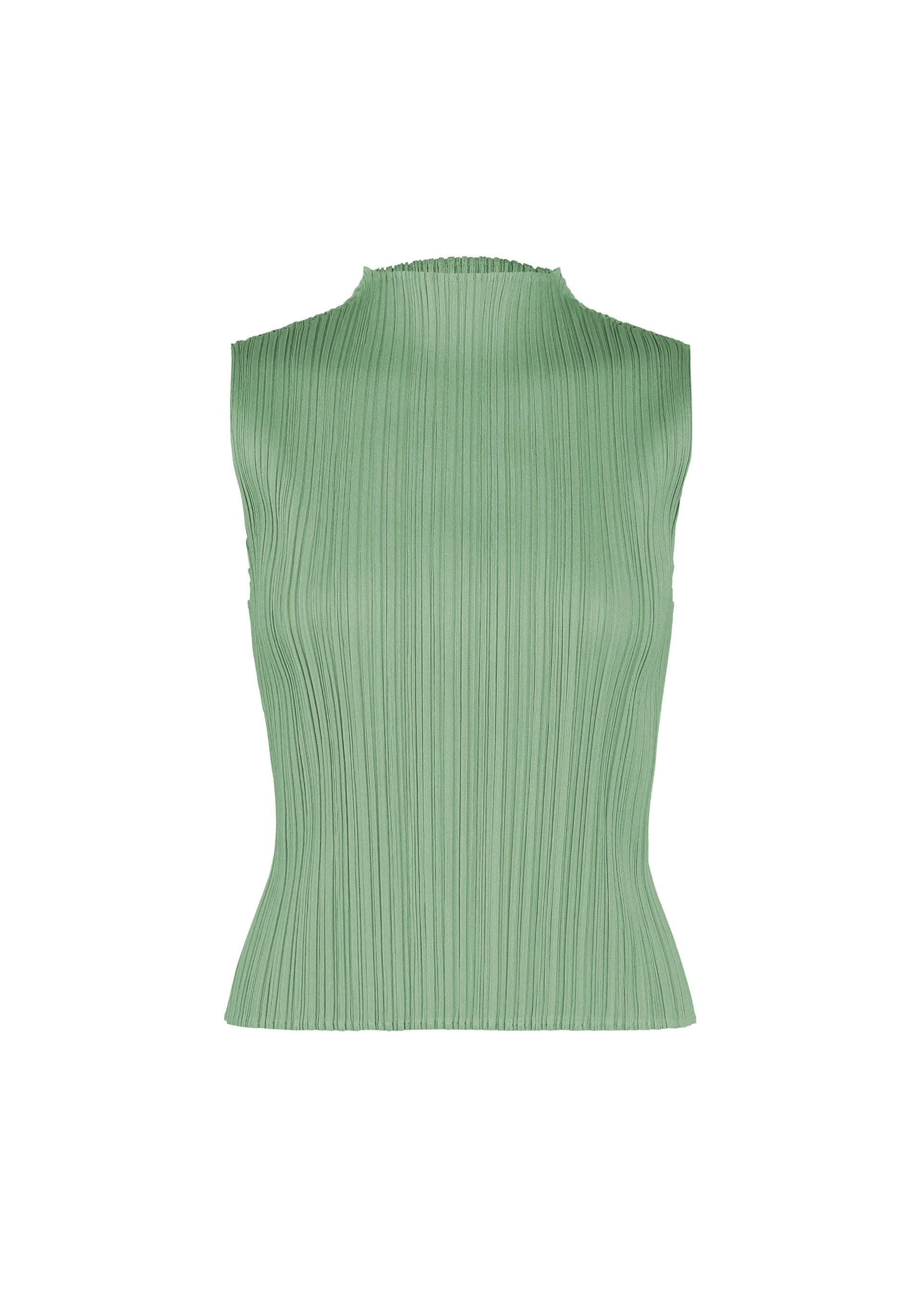 Zoomed view MONTHLY COLORS : AUGUST by PLEATS PLEASE ISSEY MIYAKE—a sleeveless, light green pleated high-neck top with straight fold lines, displayed against a plain white background. Perfect for effortless midsummer wear. - GRAYISH GREEN （no.61）