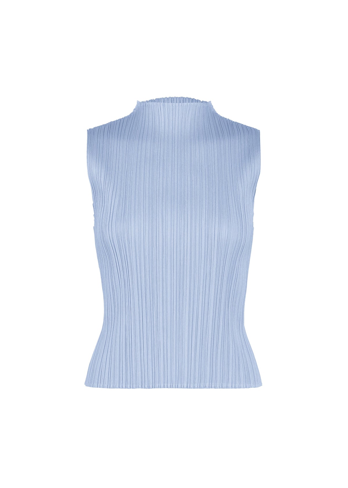 The MONTHLY COLORS : AUGUST top by PLEATS PLEASE ISSEY MIYAKE is a sleeveless, light blue piece featuring a mock neck and a vertically pleated texture that creates straight fold lines. Shown against a white background, its fitted silhouette makes it an ideal choice for stylish midsummer wear. view 5 of 10