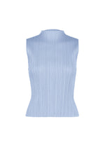 The MONTHLY COLORS : AUGUST top by PLEATS PLEASE ISSEY MIYAKE is a sleeveless, light blue piece featuring a mock neck and a vertically pleated texture that creates straight fold lines. Shown against a white background, its fitted silhouette makes it an ideal choice for stylish midsummer wear. - LIGHT BLUE （no.70）