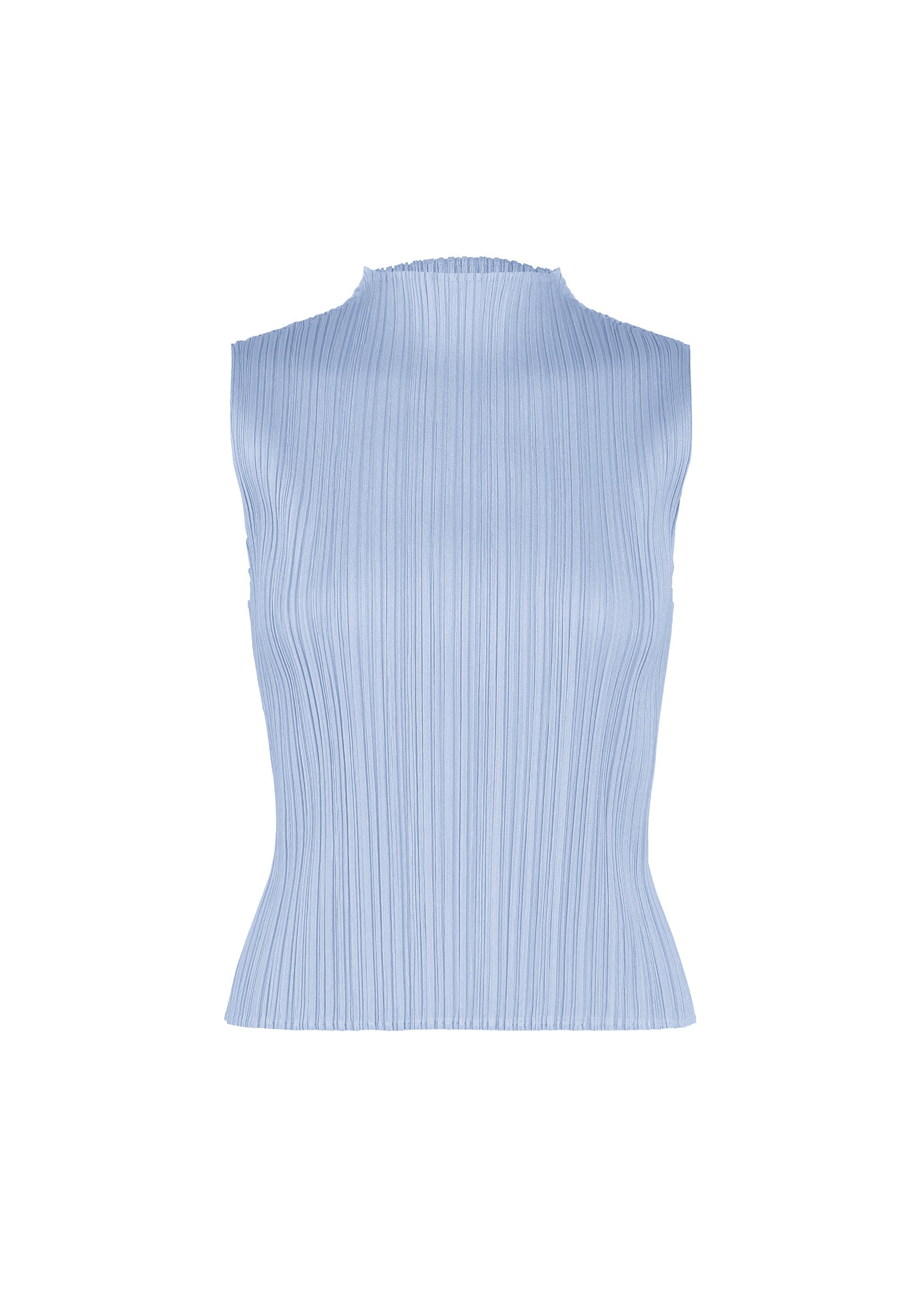 Zoomed view The MONTHLY COLORS : AUGUST top by PLEATS PLEASE ISSEY MIYAKE is a sleeveless, light blue piece featuring a mock neck and a vertically pleated texture that creates straight fold lines. Shown against a white background, its fitted silhouette makes it an ideal choice for stylish midsummer wear. - LIGHT BLUE （no.70）