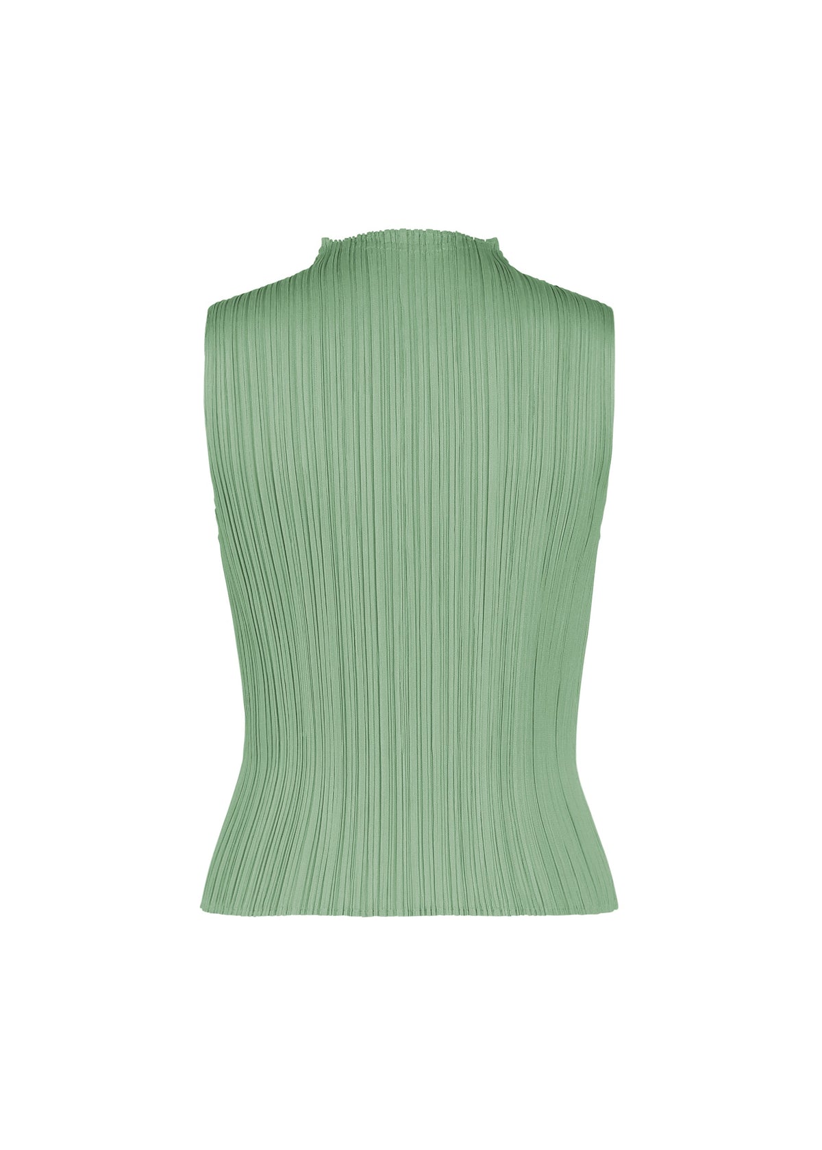 Experience the MONTHLY COLORS : AUGUST top from PLEATS PLEASE ISSEY MIYAKE—a sleeveless, light green high-neck design with a fitted silhouette, showcasing signature pleats and a textured vertical stripe pattern. Its straight fold lines and versatile style make it ideal for midsummer wear. Shown against a white background. view 6 of 10