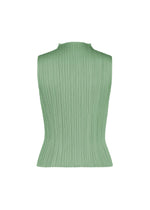 Experience the MONTHLY COLORS : AUGUST top from PLEATS PLEASE ISSEY MIYAKE—a sleeveless, light green high-neck design with a fitted silhouette, showcasing signature pleats and a textured vertical stripe pattern. Its straight fold lines and versatile style make it ideal for midsummer wear. Shown against a white background.