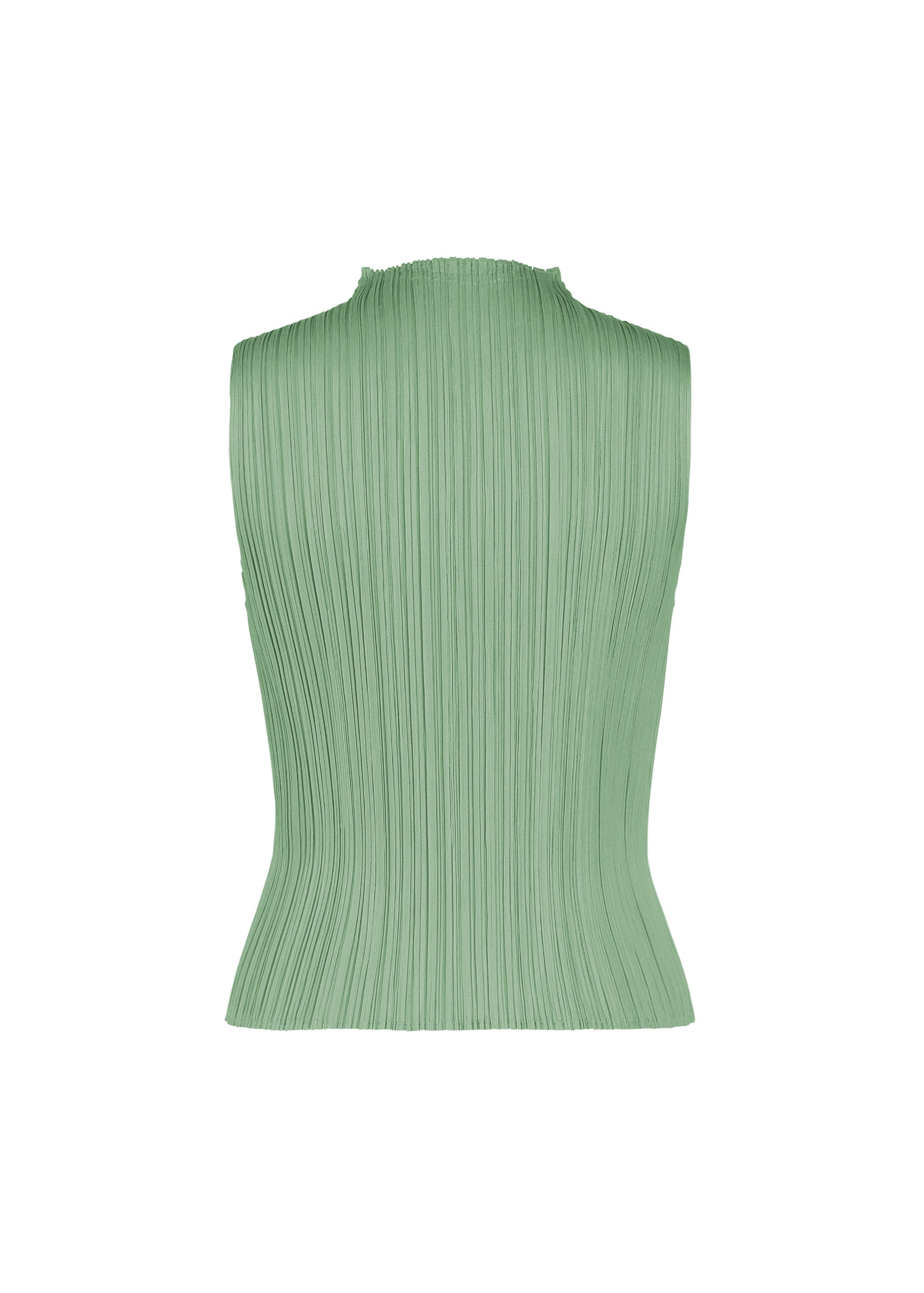 Zoomed view Experience the MONTHLY COLORS : AUGUST top from PLEATS PLEASE ISSEY MIYAKE—a sleeveless, light green high-neck design with a fitted silhouette, showcasing signature pleats and a textured vertical stripe pattern. Its straight fold lines and versatile style make it ideal for midsummer wear. Shown against a white background.