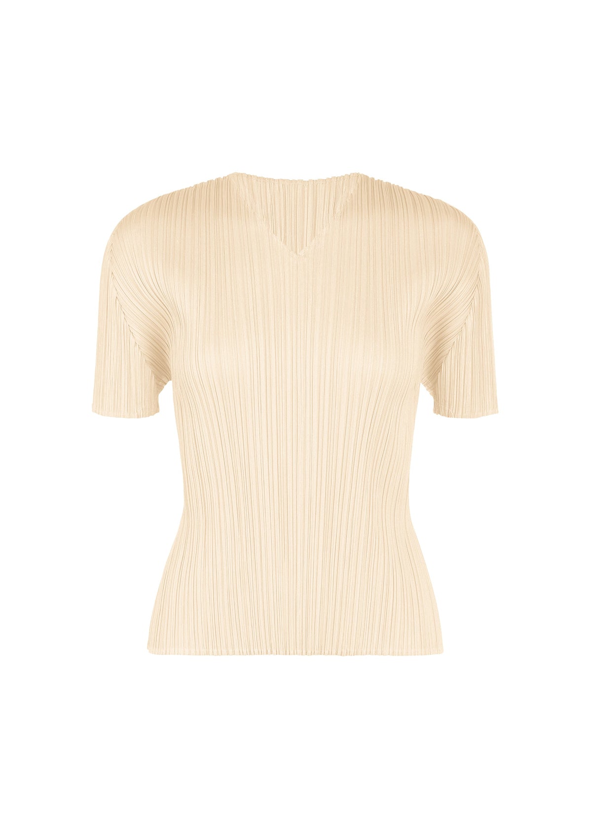 Introducing the MONTHLY COLORS : AUGUST top from PLEATS PLEASE ISSEY MIYAKE—a beige, short-sleeved V-neck blouse featuring pleated detailing and a subtle neckline. Crafted from signature crinkled fabric, this tailored piece contours to the body for a flattering fit, making it an ideal choice for midsummer days. Displayed against a plain white background. view 1 of 10