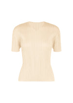 Introducing the MONTHLY COLORS : AUGUST top from PLEATS PLEASE ISSEY MIYAKE—a beige, short-sleeved V-neck blouse featuring pleated detailing and a subtle neckline. Crafted from signature crinkled fabric, this tailored piece contours to the body for a flattering fit, making it an ideal choice for midsummer days. Displayed against a plain white background. - OFF WHITE （no.02）