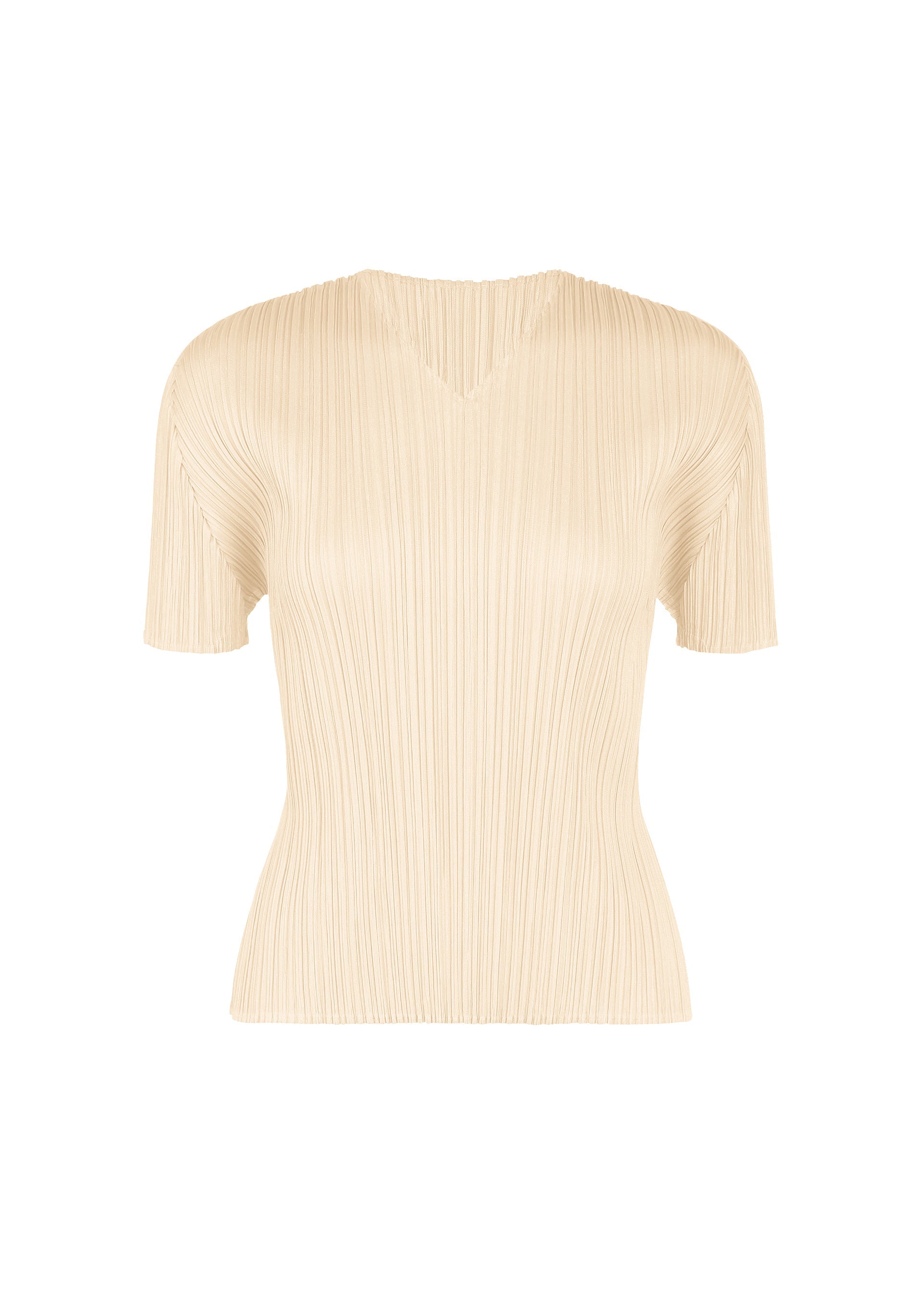 Zoomed view Introducing the MONTHLY COLORS : AUGUST top from PLEATS PLEASE ISSEY MIYAKE—a beige, short-sleeved V-neck blouse featuring pleated detailing and a subtle neckline. Crafted from signature crinkled fabric, this tailored piece contours to the body for a flattering fit, making it an ideal choice for midsummer days. Displayed against a plain white background. - OFF WHITE （no.02）