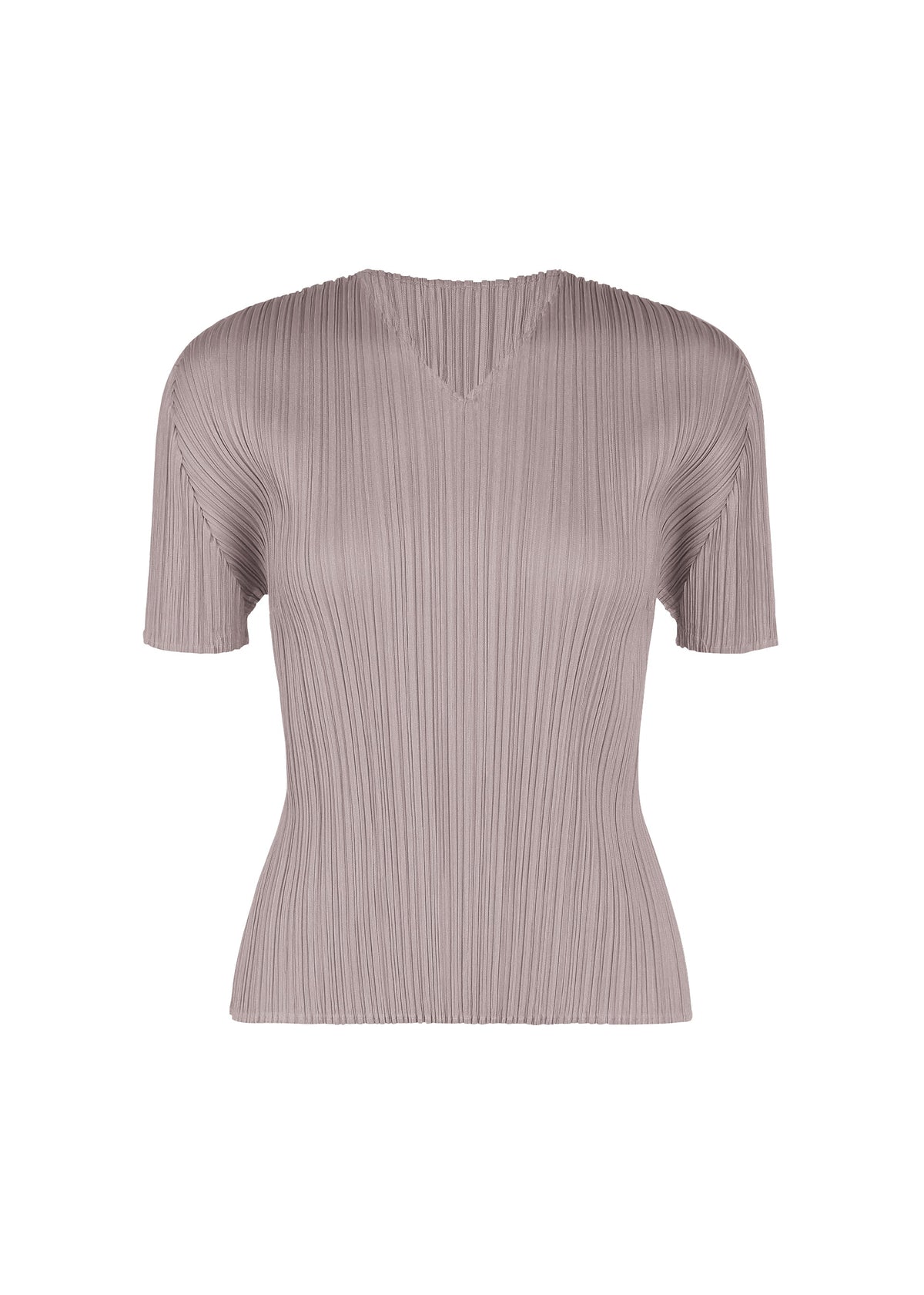Midsummer style meets subtle elegance in the MONTHLY COLORS : AUGUST top by PLEATS PLEASE ISSEY MIYAKE, a short-sleeved, taupe-colored V-neck shirt featuring a fitted waist and an all-over textured vertical ribbed pattern. The pleated design is displayed against a plain white background. view 2 of 10