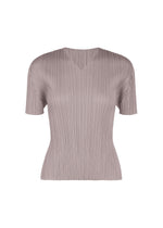 Midsummer style meets subtle elegance in the MONTHLY COLORS : AUGUST top by PLEATS PLEASE ISSEY MIYAKE, a short-sleeved, taupe-colored V-neck shirt featuring a fitted waist and an all-over textured vertical ribbed pattern. The pleated design is displayed against a plain white background. - GRAYISH PURPLE （no.14）