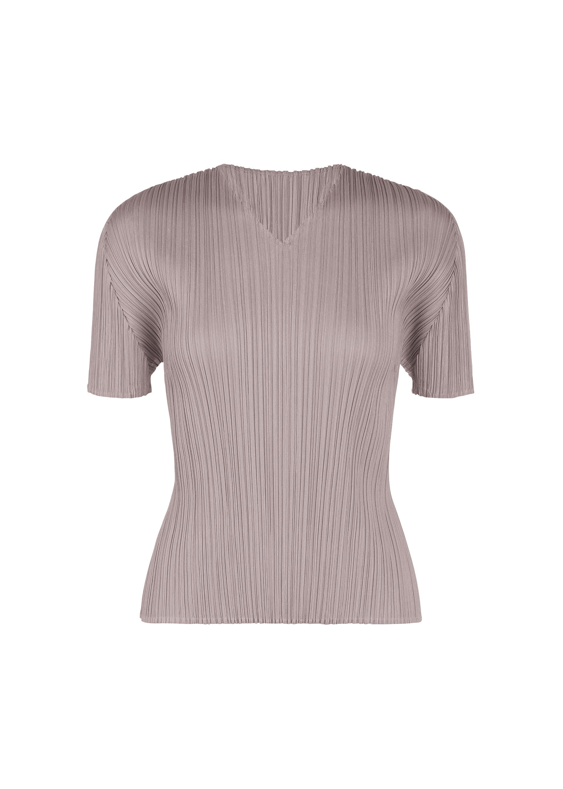 Zoomed view Midsummer style meets subtle elegance in the MONTHLY COLORS : AUGUST top by PLEATS PLEASE ISSEY MIYAKE, a short-sleeved, taupe-colored V-neck shirt featuring a fitted waist and an all-over textured vertical ribbed pattern. The pleated design is displayed against a plain white background. - GRAYISH PURPLE （no.14）