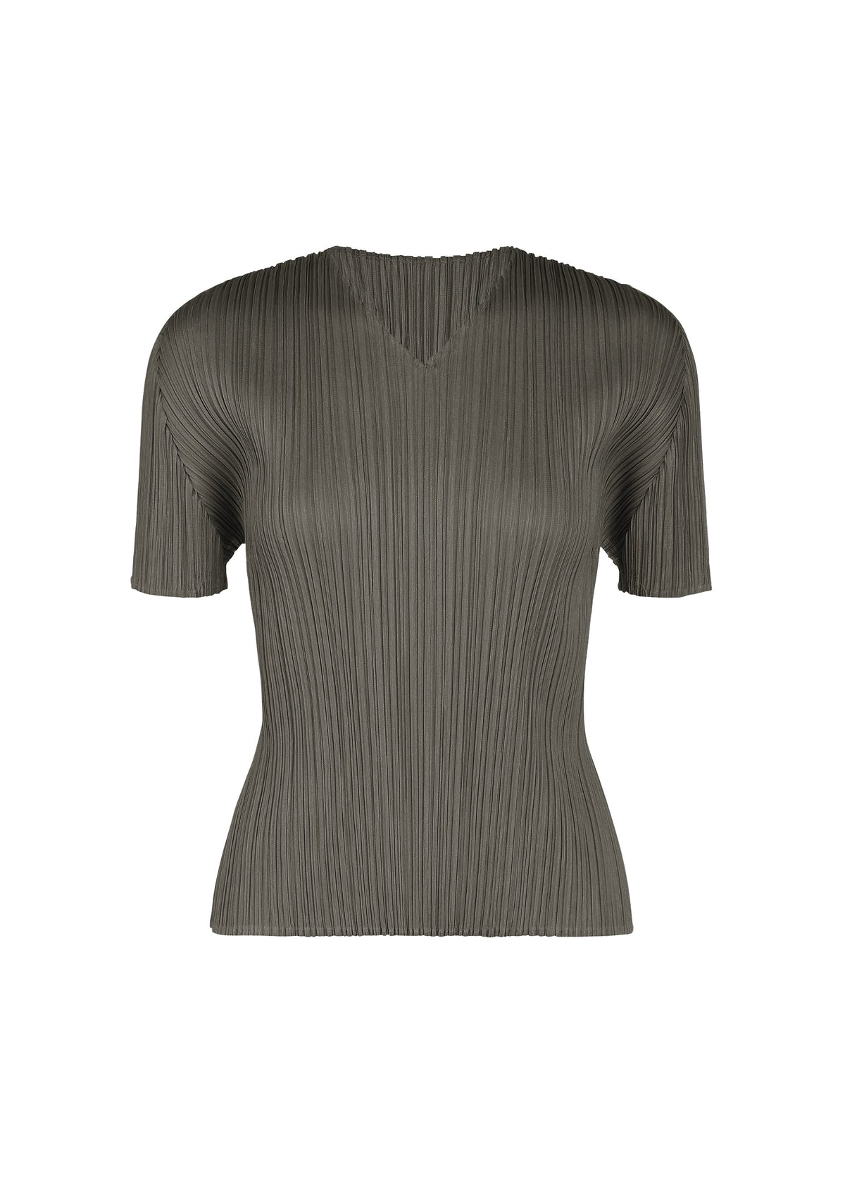 The MONTHLY COLORS : AUGUST top by PLEATS PLEASE ISSEY MIYAKE features a dark gray, vertically pleated fabric with short sleeves and a V-neck design, making it perfect for midsummer days. It is displayed against a white background. view 3 of 10