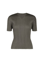 The MONTHLY COLORS : AUGUST top by PLEATS PLEASE ISSEY MIYAKE features a dark gray, vertically pleated fabric with short sleeves and a V-neck design, making it perfect for midsummer days. It is displayed against a white background. - CHARCOAL （no.17）