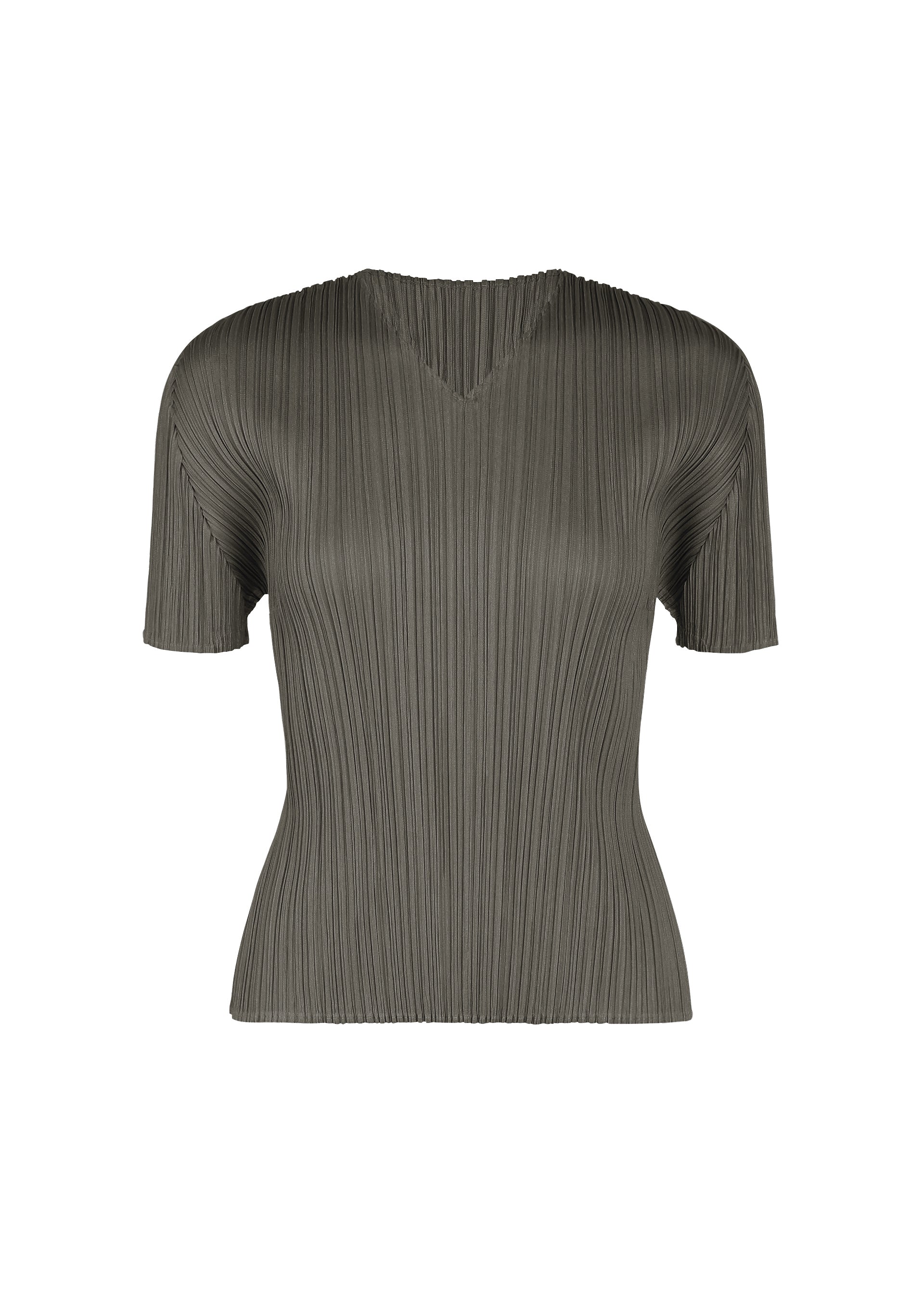 Zoomed view The MONTHLY COLORS : AUGUST top by PLEATS PLEASE ISSEY MIYAKE features a dark gray, vertically pleated fabric with short sleeves and a V-neck design, making it perfect for midsummer days. It is displayed against a white background. - CHARCOAL （no.17）