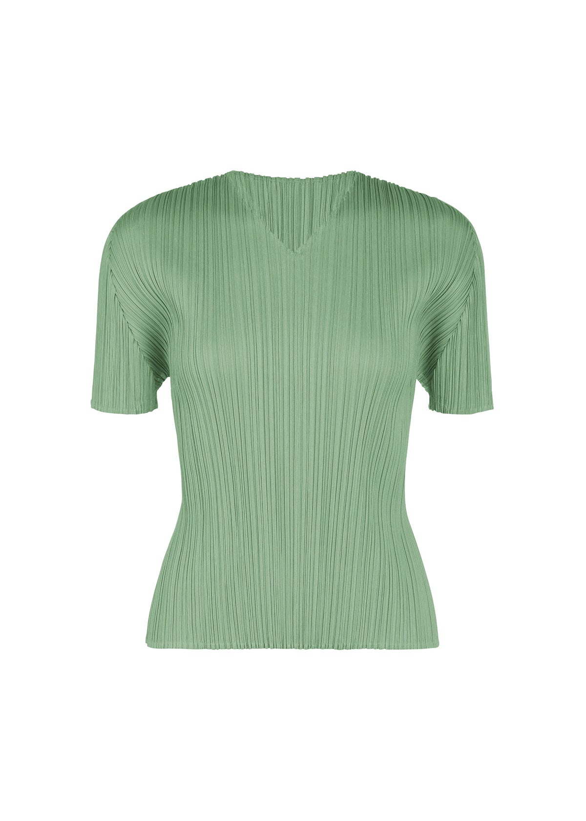 MONTHLY COLORS : AUGUST by PLEATS PLEASE ISSEY MIYAKE—a light green, short-sleeved pleated blouse featuring a subtle V-neckline, presented against a white background. view 4 of 10