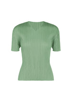 MONTHLY COLORS : AUGUST by PLEATS PLEASE ISSEY MIYAKE—a light green, short-sleeved pleated blouse featuring a subtle V-neckline, presented against a white background. - GRAYISH GREEN （no.61）