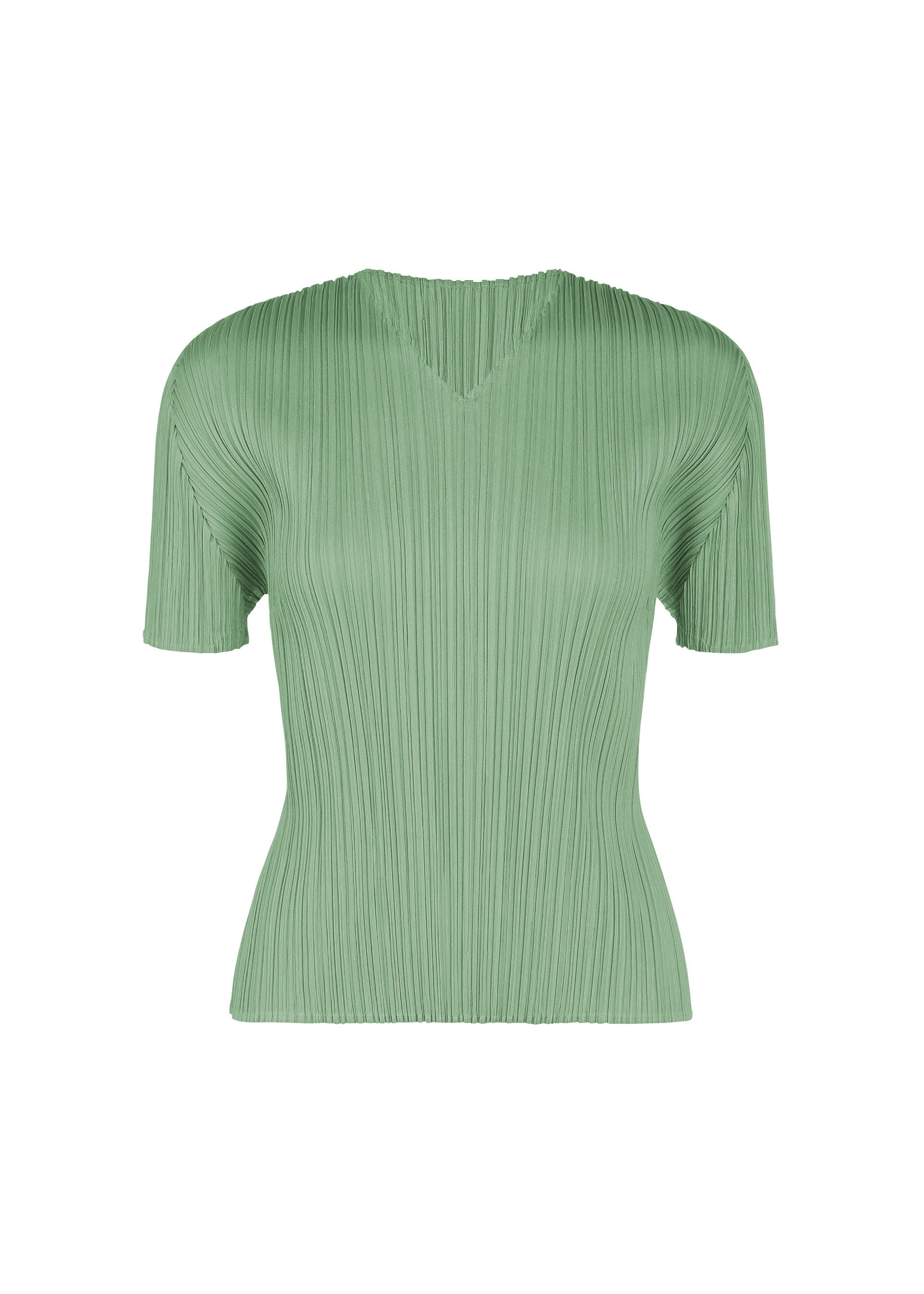Zoomed view MONTHLY COLORS : AUGUST by PLEATS PLEASE ISSEY MIYAKE—a light green, short-sleeved pleated blouse featuring a subtle V-neckline, presented against a white background. - GRAYISH GREEN （no.61）