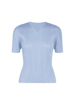 MONTHLY COLORS : AUGUST by PLEATS PLEASE ISSEY MIYAKE is a light blue, short-sleeved pleated V-neck top with a subtle neckline—perfect for midsummer days. The textured fabric features vertical pleats for a structured yet flexible look, and the top is fitted at the waist. - LIGHT BLUE （no.70）