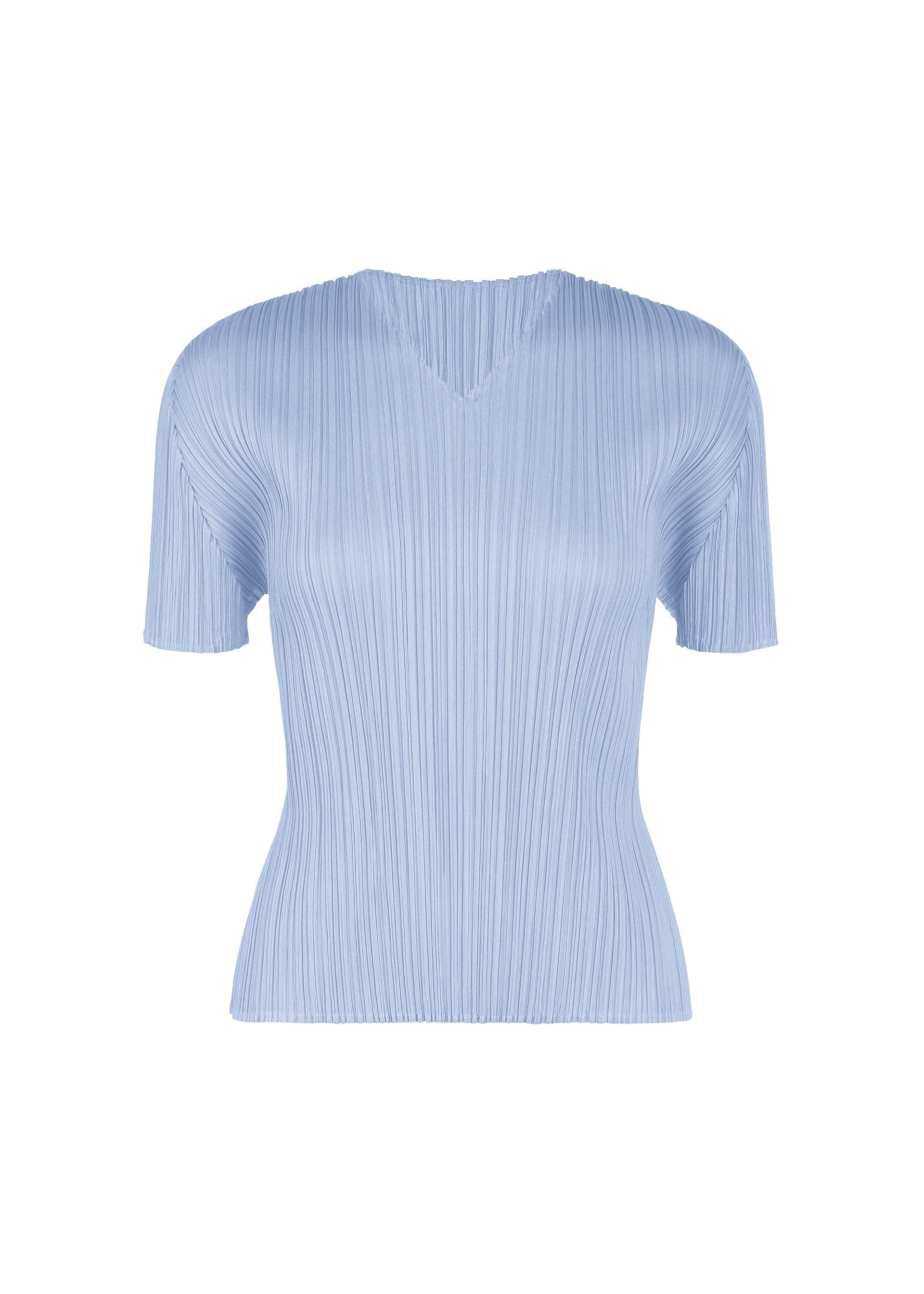 Zoomed view MONTHLY COLORS : AUGUST by PLEATS PLEASE ISSEY MIYAKE is a light blue, short-sleeved pleated V-neck top with a subtle neckline—perfect for midsummer days. The textured fabric features vertical pleats for a structured yet flexible look, and the top is fitted at the waist. - LIGHT BLUE （no.70）
