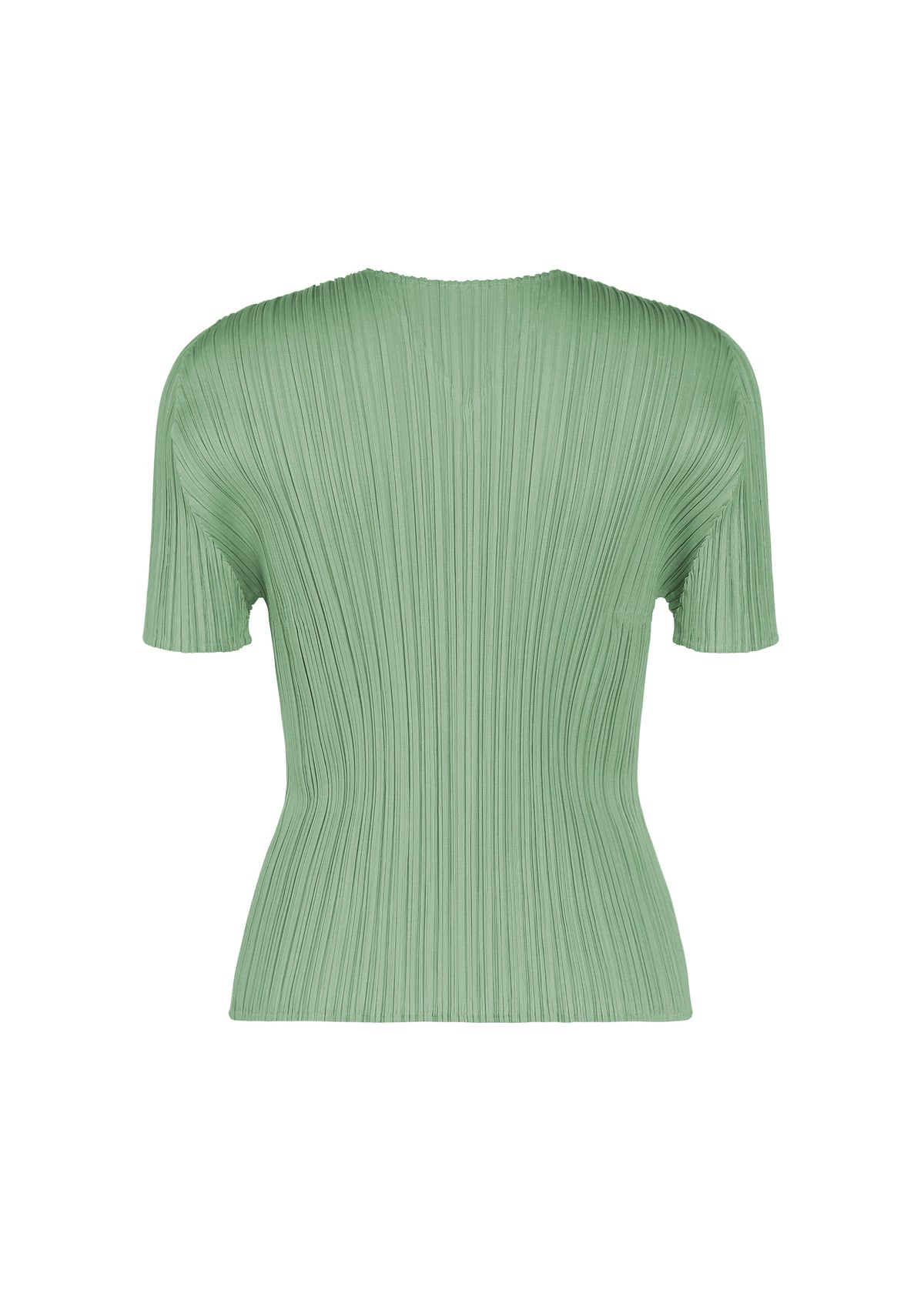 The MONTHLY COLORS : AUGUST top by PLEATS PLEASE ISSEY MIYAKE features a light green hue, short sleeves, pleated fabric, and a fitted V-neck silhouette, presented against a plain white background—ideal for a fresh midsummer style. view 6 of 10