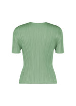 The MONTHLY COLORS : AUGUST top by PLEATS PLEASE ISSEY MIYAKE features a light green hue, short sleeves, pleated fabric, and a fitted V-neck silhouette, presented against a plain white background—ideal for a fresh midsummer style.