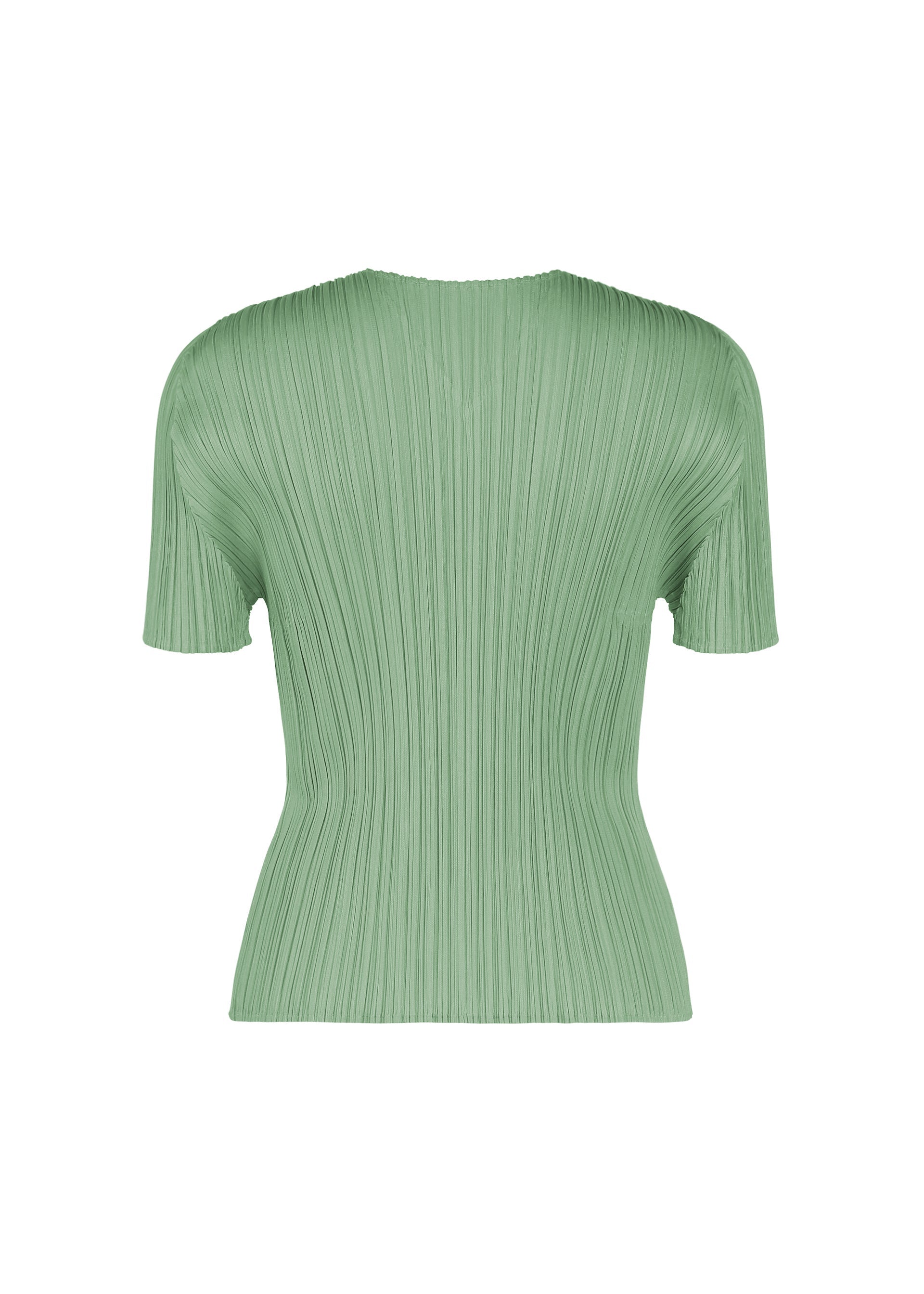 Zoomed view The MONTHLY COLORS : AUGUST top by PLEATS PLEASE ISSEY MIYAKE features a light green hue, short sleeves, pleated fabric, and a fitted V-neck silhouette, presented against a plain white background—ideal for a fresh midsummer style.