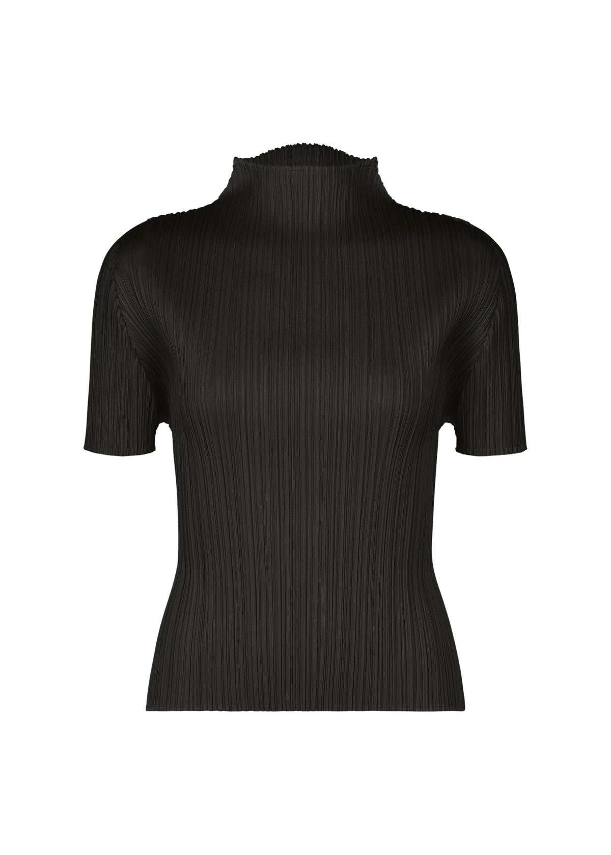 The MONTHLY COLORS : SEPTEMBER top by PLEATS PLEASE ISSEY MIYAKE is a black, short-sleeve mock-neck style featuring a fitted silhouette and signature vertical pleated texture, shown here against a plain white background. view 1 of 10