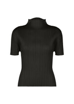 The MONTHLY COLORS : SEPTEMBER top by PLEATS PLEASE ISSEY MIYAKE is a black, short-sleeve mock-neck style featuring a fitted silhouette and signature vertical pleated texture, shown here against a plain white background. - BLACK （no.15）