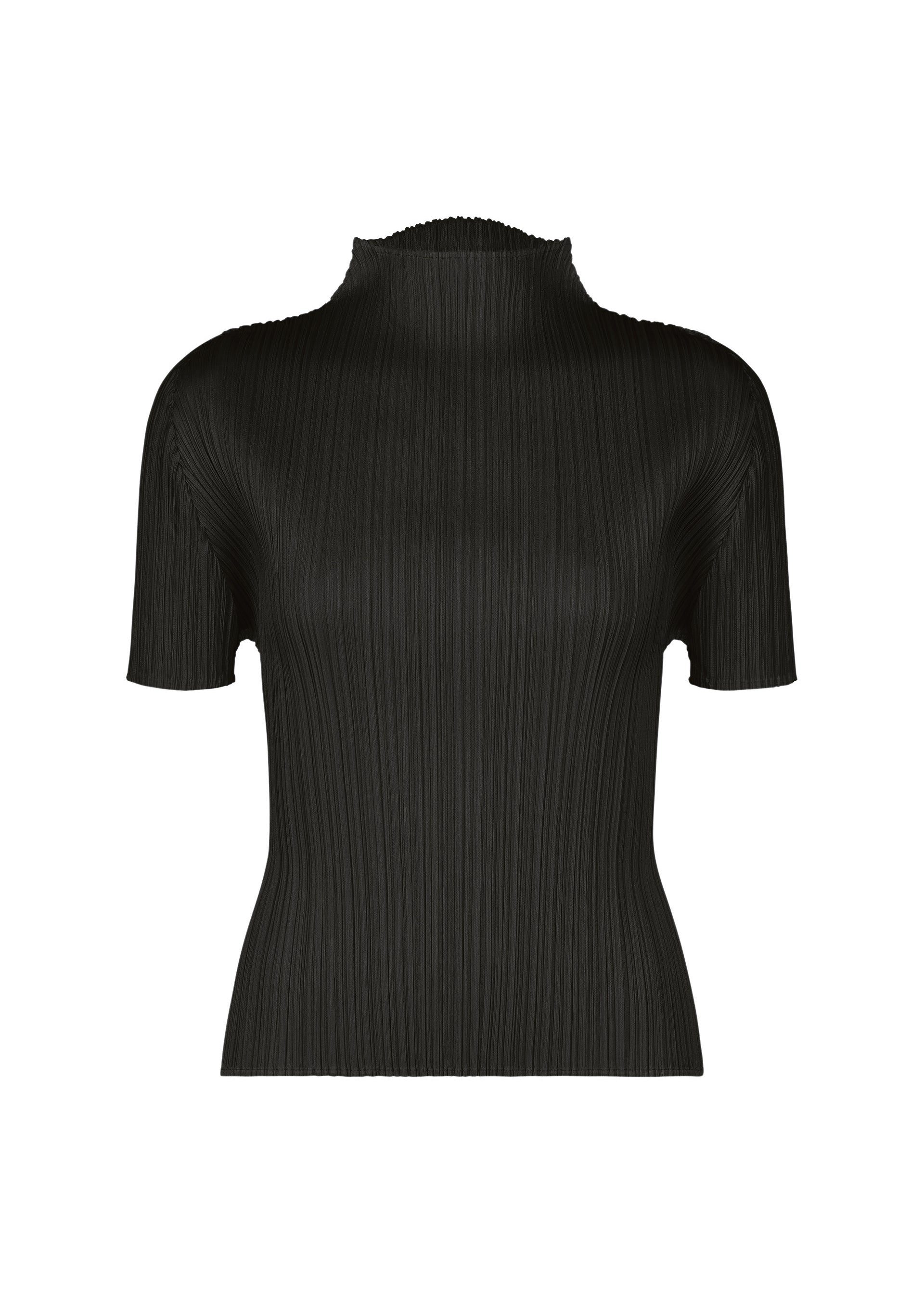 Zoomed view The MONTHLY COLORS : SEPTEMBER top by PLEATS PLEASE ISSEY MIYAKE is a black, short-sleeve mock-neck style featuring a fitted silhouette and signature vertical pleated texture, shown here against a plain white background. - BLACK （no.15）