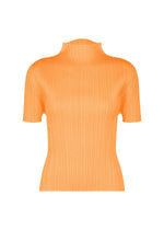 The MONTHLY COLORS : SEPTEMBER top by PLEATS PLEASE ISSEY MIYAKE features a bright orange hue with short sleeves and a mock neck, ideal for embracing seasonal colors. Its vertically ribbed fabric adds texture and creates a form-fitting silhouette, shown here against a white background. - NEON ORANGE （no.31）