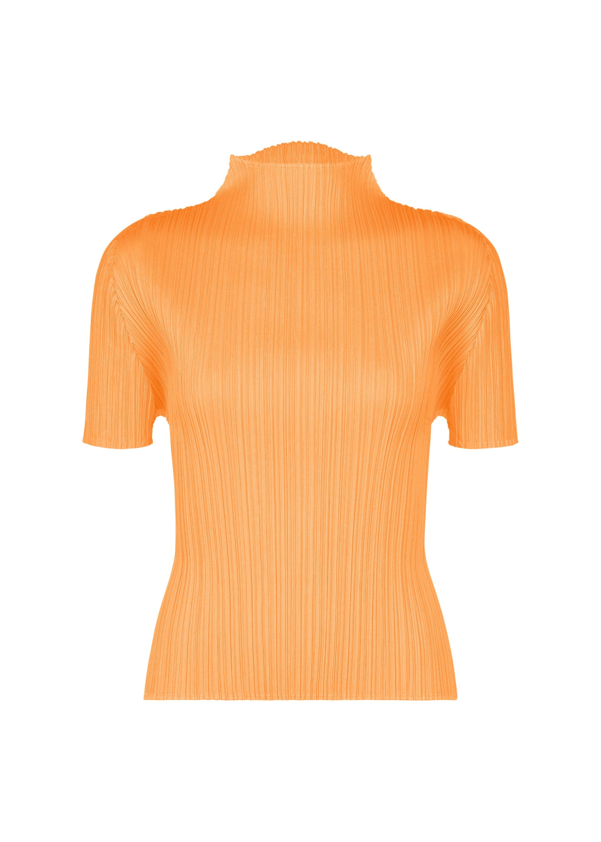 Zoomed view The MONTHLY COLORS : SEPTEMBER top by PLEATS PLEASE ISSEY MIYAKE features a bright orange hue with short sleeves and a mock neck, ideal for embracing seasonal colors. Its vertically ribbed fabric adds texture and creates a form-fitting silhouette, shown here against a white background. - NEON ORANGE （no.31）