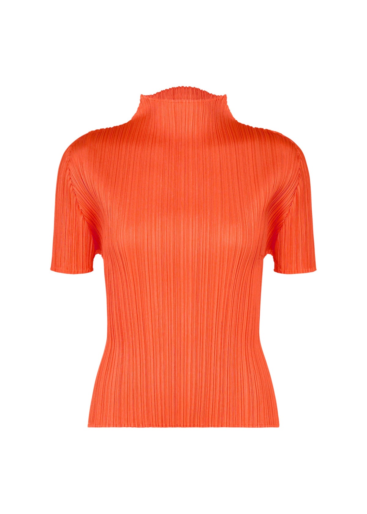 The MONTHLY COLORS : SEPTEMBER top by PLEATS PLEASE ISSEY MIYAKE is a bright orange, short-sleeved piece featuring a ribbed texture and mock neck, crafted in on-trend seasonal colors for a fresh look. This fitted, high-neck top is displayed against a plain white background. view 3 of 10