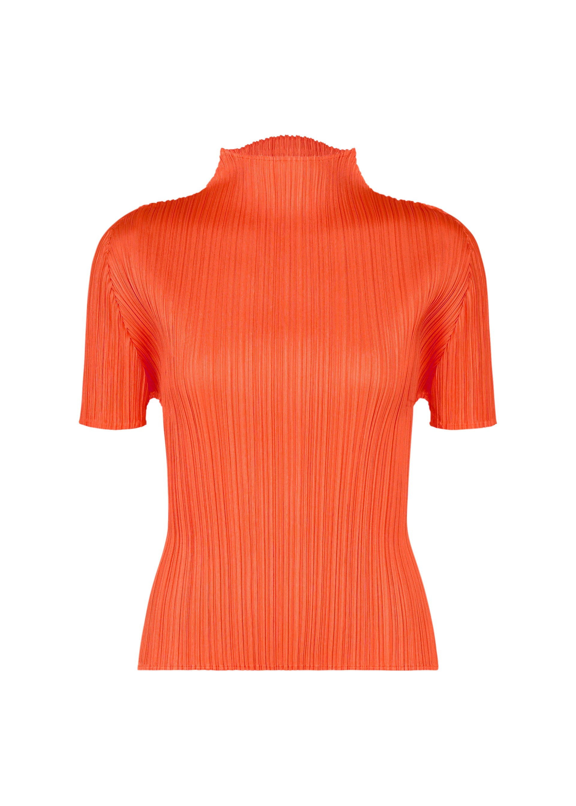 Zoomed view The MONTHLY COLORS : SEPTEMBER top by PLEATS PLEASE ISSEY MIYAKE is a bright orange, short-sleeved piece featuring a ribbed texture and mock neck, crafted in on-trend seasonal colors for a fresh look. This fitted, high-neck top is displayed against a plain white background. - ORANGE （no.32）