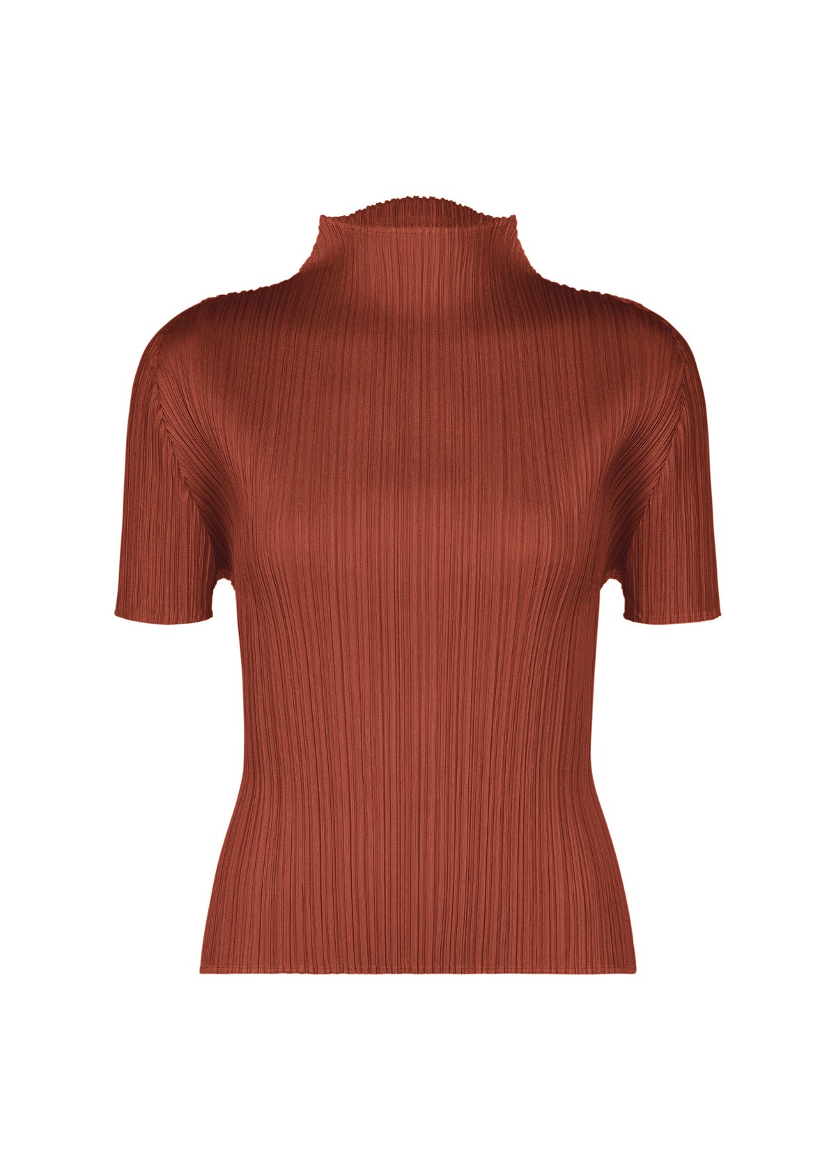 Ribbed, rust-colored short-sleeved top with a mock neck and fitted silhouette from PLEATS PLEASE ISSEY MIYAKE’s MONTHLY COLORS : SEPTEMBER collection, designed in seasonal hues and displayed on a plain white background. view 4 of 10