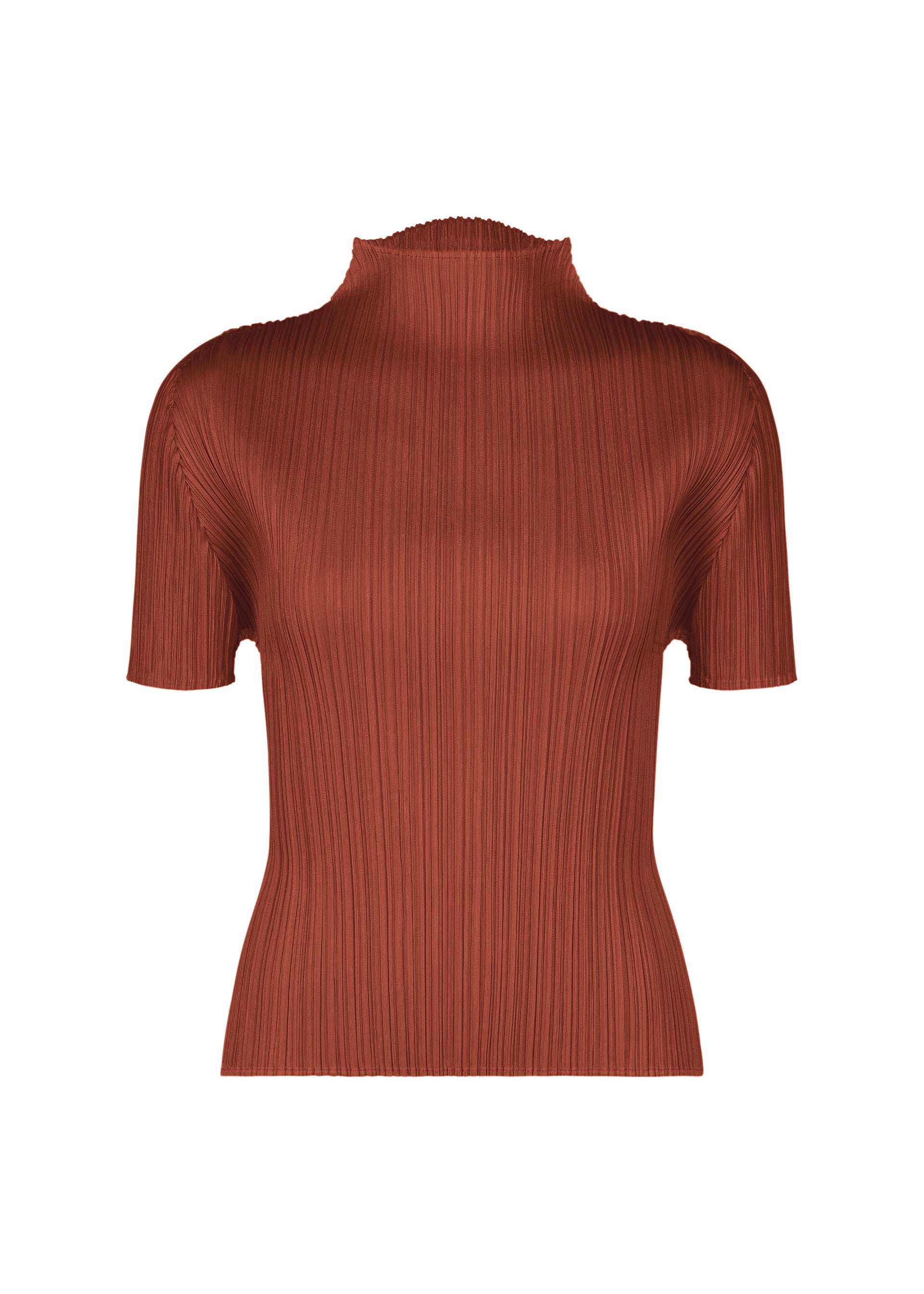 Zoomed view Ribbed, rust-colored short-sleeved top with a mock neck and fitted silhouette from PLEATS PLEASE ISSEY MIYAKE’s MONTHLY COLORS : SEPTEMBER collection, designed in seasonal hues and displayed on a plain white background. - RED BROWN （no.49）