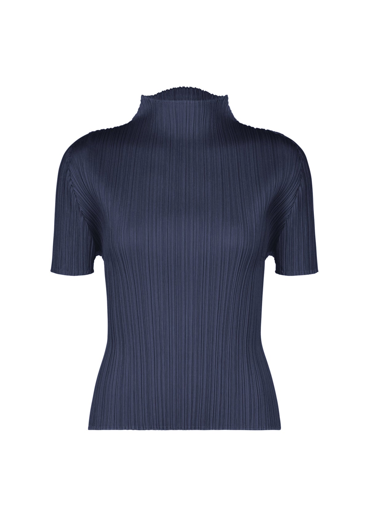 The MONTHLY COLORS : SEPTEMBER short-sleeved top by PLEATS PLEASE ISSEY MIYAKE features a ribbed mock-neck design with vertical pleats in a fitted, navy blue fabric—perfectly showcasing one of this season’s essential colors. Displayed on a plain white background. view 5 of 10