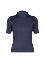The MONTHLY COLORS : SEPTEMBER short-sleeved top by PLEATS PLEASE ISSEY MIYAKE features a ribbed mock-neck design with vertical pleats in a fitted, navy blue fabric—perfectly showcasing one of this season’s essential colors. Displayed on a plain white background. - NAVY BLUE （no.76）