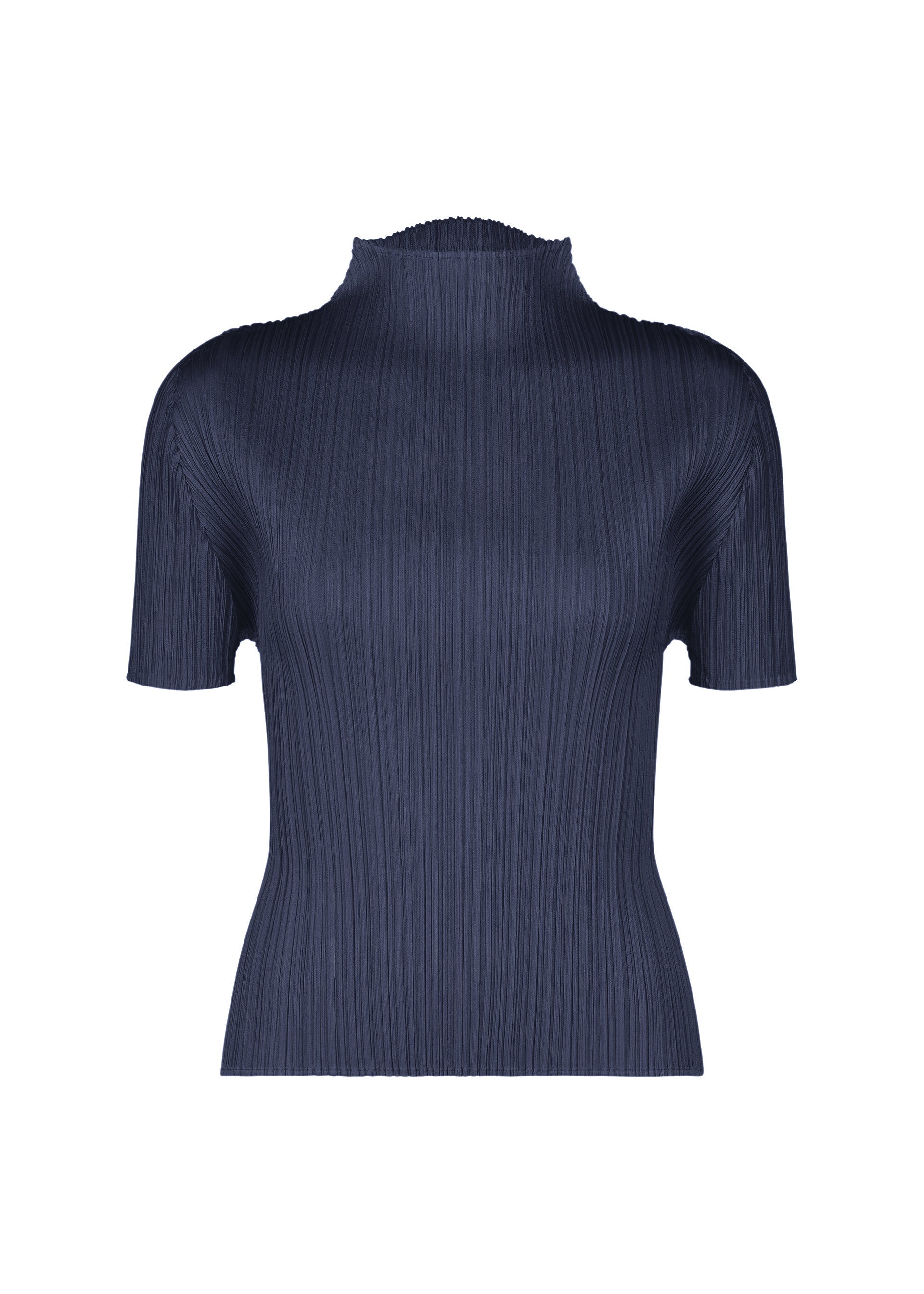 Zoomed view The MONTHLY COLORS : SEPTEMBER short-sleeved top by PLEATS PLEASE ISSEY MIYAKE features a ribbed mock-neck design with vertical pleats in a fitted, navy blue fabric—perfectly showcasing one of this season’s essential colors. Displayed on a plain white background. - NAVY BLUE （no.76）