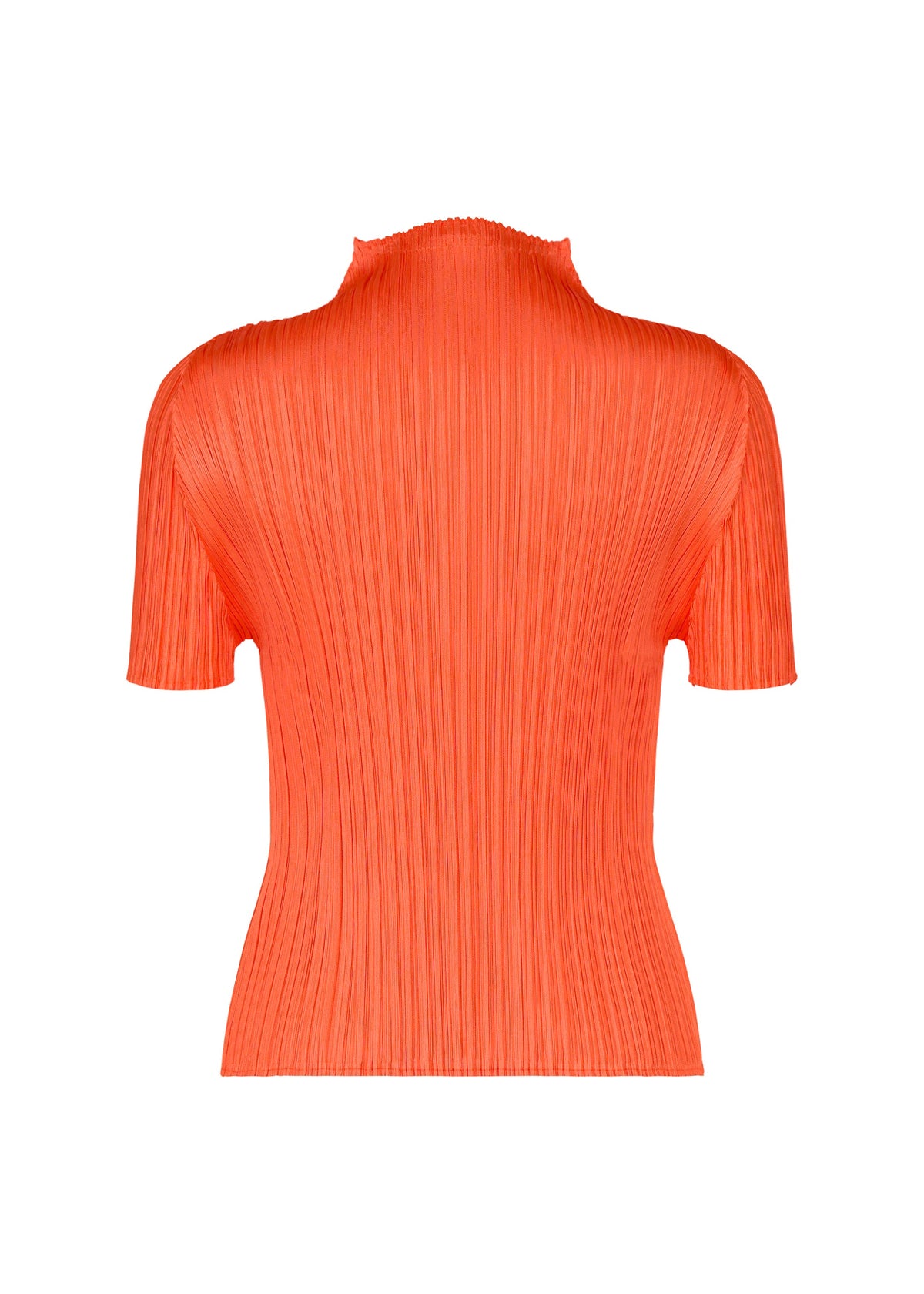 The MONTHLY COLORS : SEPTEMBER top by PLEATS PLEASE ISSEY MIYAKE is a vibrant orange, short-sleeved high-neck piece with a ribbed texture, displayed from the back against a white background. Its lively hue reflects the energetic spirit of seasonal colors. view 6 of 10