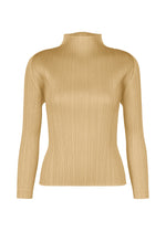 The MONTHLY COLORS : OCTOBER by PLEATS PLEASE ISSEY MIYAKE is a beige ribbed, long-sleeved top with a mock neck and fitted silhouette in seasonal hues, shown on a white background. - ASH BEIGE （no.43）