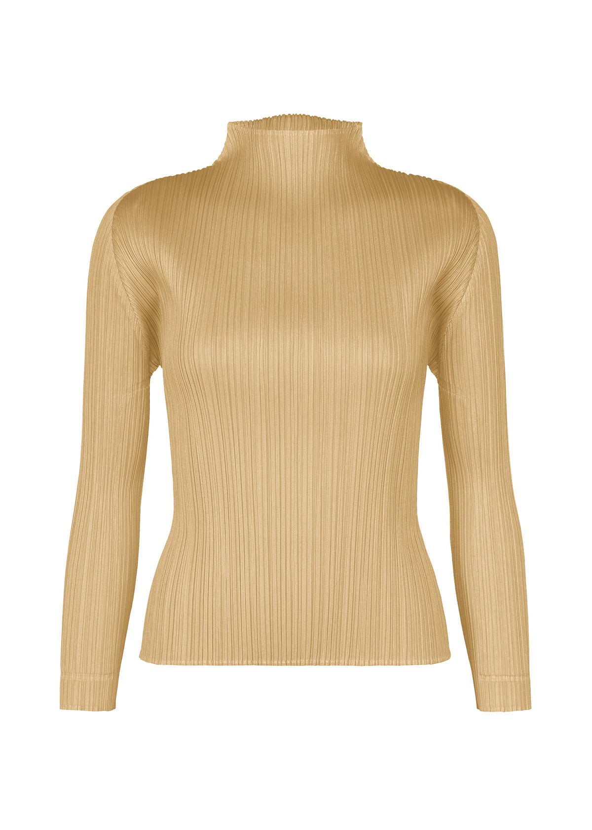 Zoomed view The MONTHLY COLORS : OCTOBER by PLEATS PLEASE ISSEY MIYAKE is a beige ribbed, long-sleeved top with a mock neck and fitted silhouette in seasonal hues, shown on a white background. - ASH BEIGE （no.43）