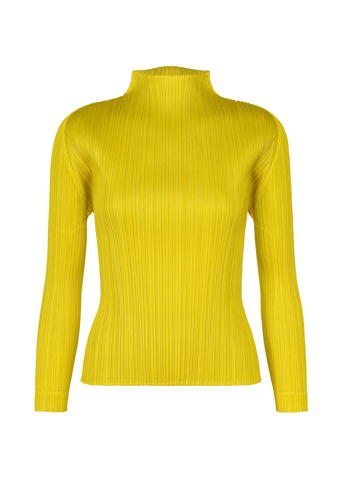 The MONTHLY COLORS : OCTOBER top by PLEATS PLEASE ISSEY MIYAKE features bright yellow pleated fabric, a high neck, fitted silhouette, and stretchy comfort—ideal for bold seasonal looks. view 2 of 10