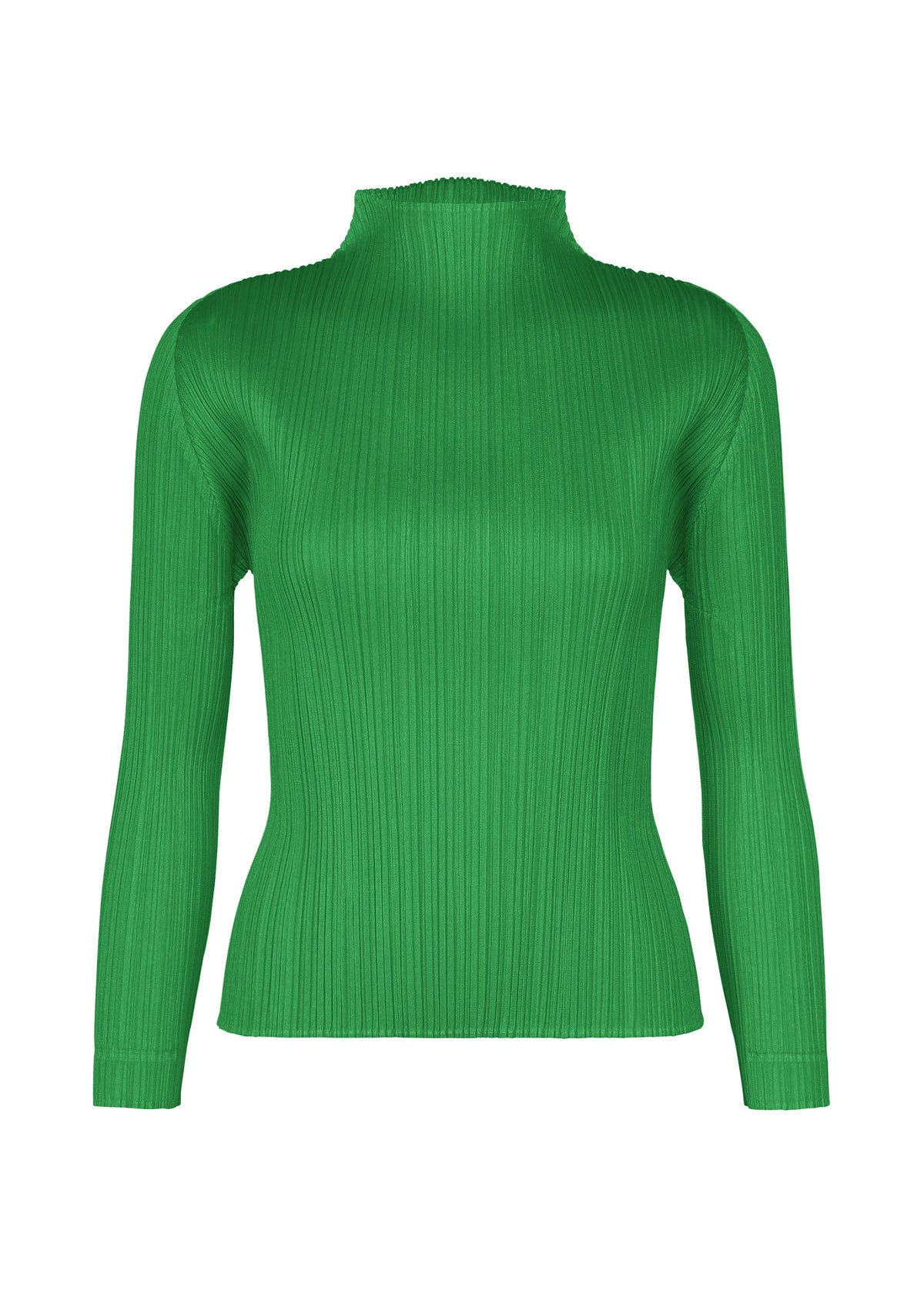 The MONTHLY COLORS : OCTOBER by PLEATS PLEASE ISSEY MIYAKE is a fitted, long-sleeved, ribbed green top with a high-neck, photographed on a white background—ideal for seasonal color highlights. view 3 of 10