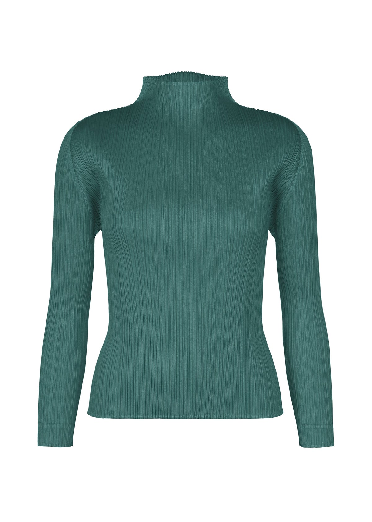 The MONTHLY COLORS : OCTOBER by PLEATS PLEASE ISSEY MIYAKE is a teal, long-sleeved high-neck ribbed knit top, perfect for seasonal style, shown on a plain white background. view 4 of 10