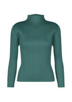 The MONTHLY COLORS : OCTOBER by PLEATS PLEASE ISSEY MIYAKE is a teal, long-sleeved high-neck ribbed knit top, perfect for seasonal style, shown on a plain white background. - BLUE GREEN （no.64）