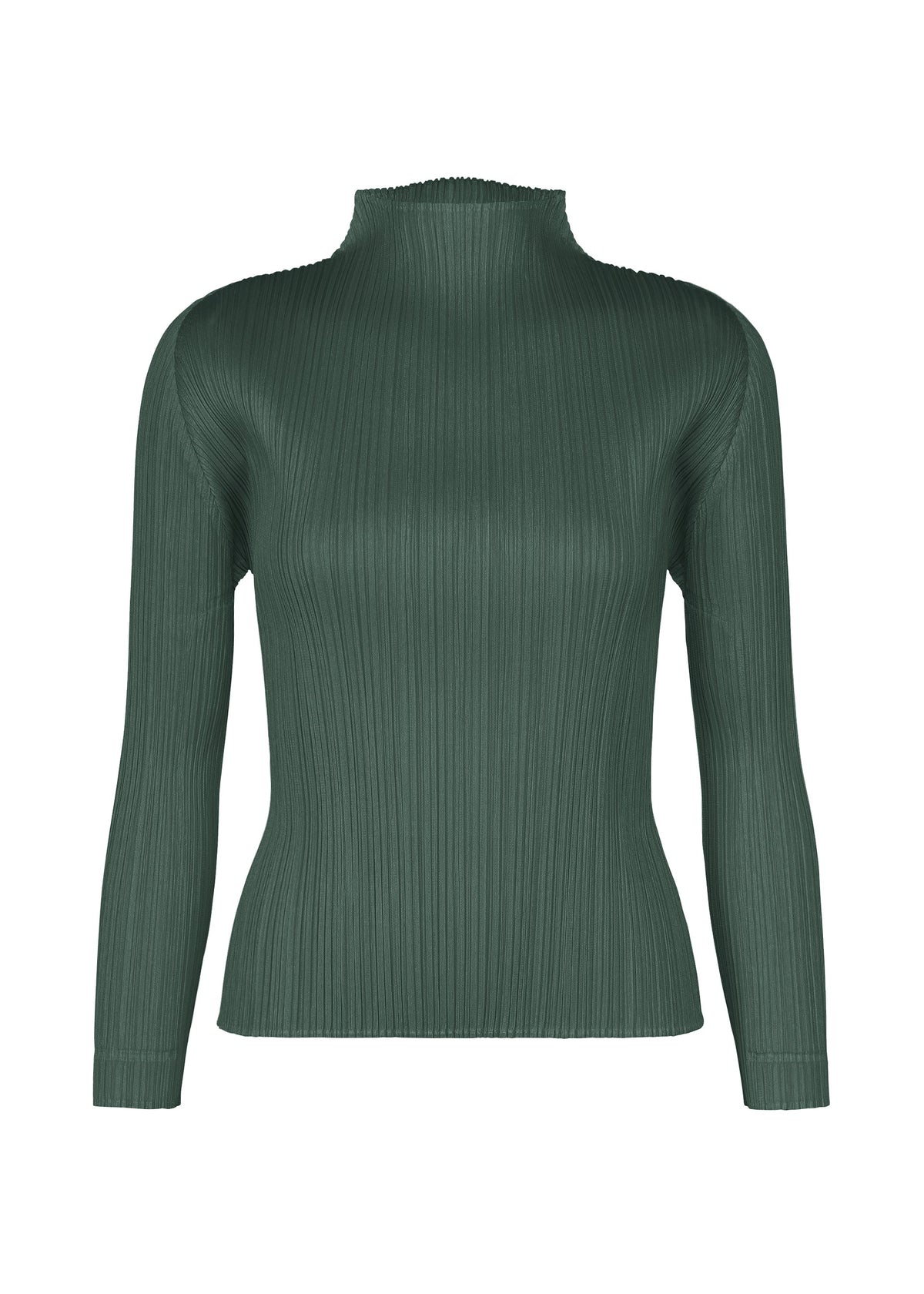 The MONTHLY COLORS : OCTOBER from PLEATS PLEASE ISSEY MIYAKE is a dark green ribbed knit top with long sleeves, a mock turtleneck, and fitted silhouette, shown on a plain white background. view 5 of 10