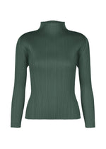 The MONTHLY COLORS : OCTOBER from PLEATS PLEASE ISSEY MIYAKE is a dark green ribbed knit top with long sleeves, a mock turtleneck, and fitted silhouette, shown on a plain white background. - DARK GREEN （no.69）