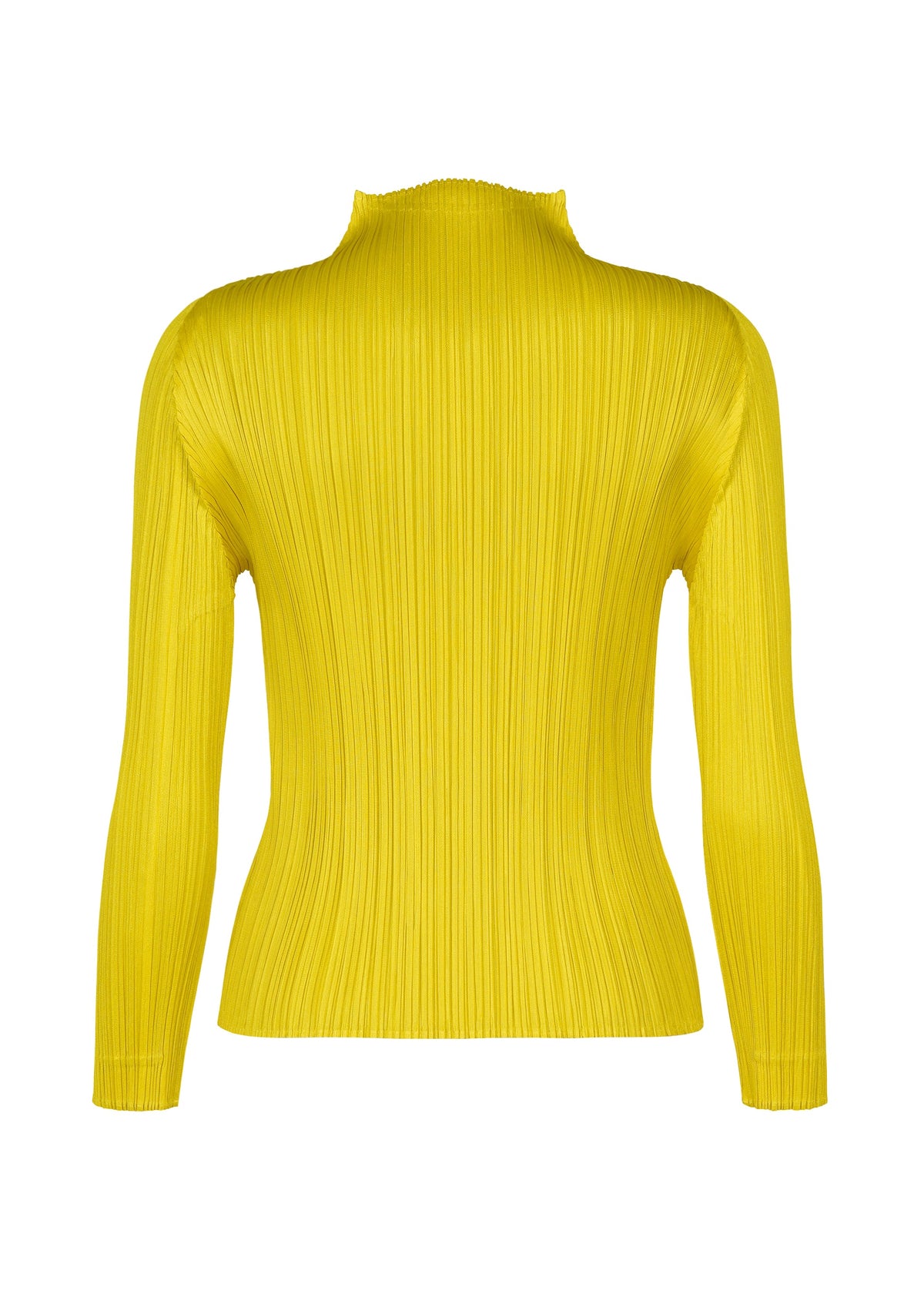 Back view of the MONTHLY COLORS : OCTOBER by PLEATS PLEASE ISSEY MIYAKE, a bright yellow ribbed long-sleeve top with mock neck and fitted silhouette, shown on a plain white background. view 6 of 10