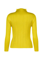 Back view of the MONTHLY COLORS : OCTOBER by PLEATS PLEASE ISSEY MIYAKE, a bright yellow ribbed long-sleeve top with mock neck and fitted silhouette, shown on a plain white background.