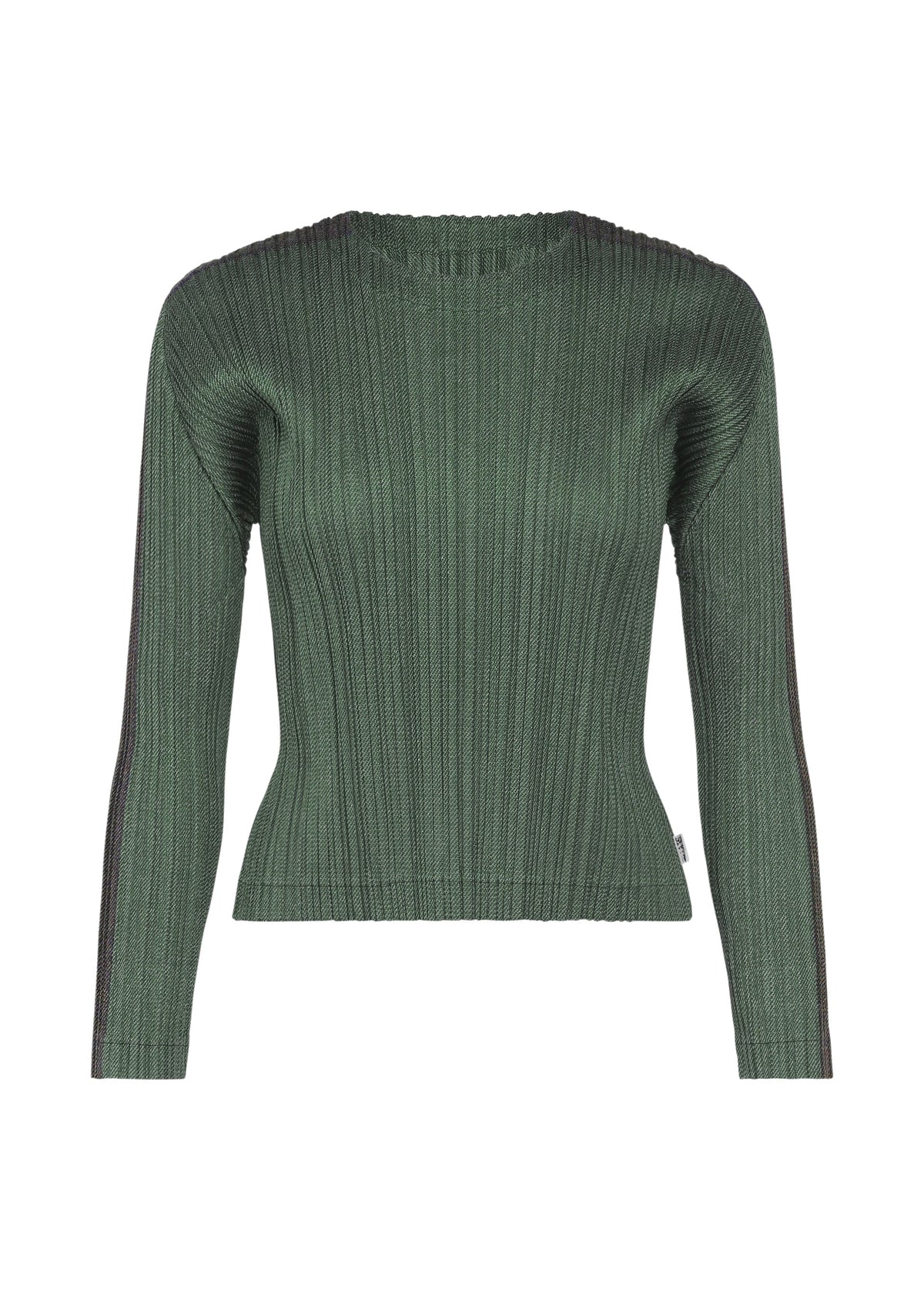 The COTTON DENIM by PLEATS PLEASE ISSEY MIYAKE is a fitted, long-sleeved, ribbed knit sweater in dark green with a round neckline and black stripes on the sleeves. view 1 of 8