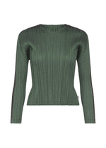 The COTTON DENIM by PLEATS PLEASE ISSEY MIYAKE is a fitted, long-sleeved, ribbed knit sweater in dark green with a round neckline and black stripes on the sleeves. - DARK GREEN （no.69）